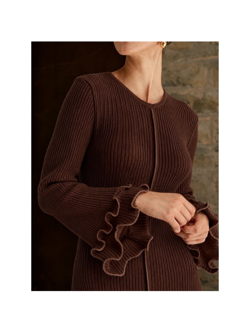 Commense Brown Ribbed Maxi Dress with Ruffle Cuffs - Picture 5 of 7